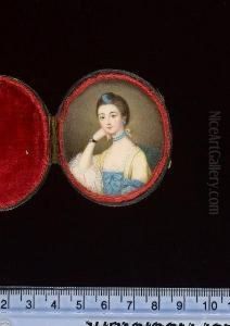 A Lady, Seated On A Green
Upholstered Chair, Wearing Pale Yellow Open Robe Over Lace Trimmed Blue
Dress Decorated With Bows On The Bodice, Matching Bow At Her Left Elbow,
Large White Lace Cuffs, Double-strand Blue Choker Tied At The Back With
A Ye by Gervase Spencer
