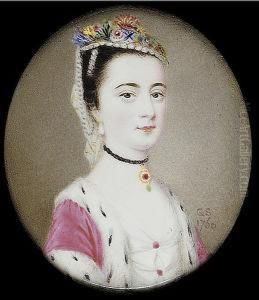A Lady, Wearing Ermine-trimmed
Cerise Robe Over White Dress With Cerise Buttons, Black Ribbon Choker
With Jewelled Pendant, Drop Pearl Earring, Strand Of Pearls In Her Hair
And Pearl Trimmed Cap Dressed With Flowers And White Veil by Gervase Spencer