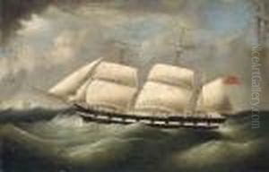 A Merchantman Under Reduced Sail In Heavy Seas by Richard Barnett Spencer