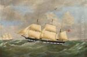 The Hamburg Barque Nurn America Under Reduced Sail And Running Down The Coast by Richard Barnett Spencer