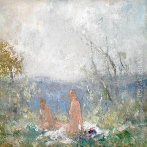 Mountainscenery With Two Girls Sunbathing - view 1