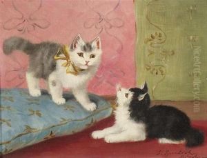 Two Kittens With A Blue Pillow by Sophie Sperlich