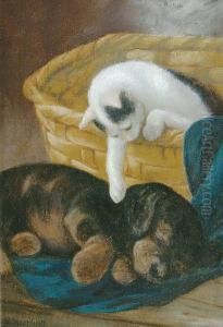 Junger Hund Und Katze In Trautem Einvernehmen by Heinrich Sperling
