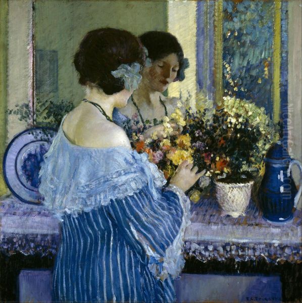 Girl in Blue Arranging Flowers - view 1