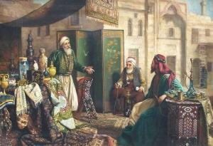 Szene Auf Einem Orientalischen Basar, Drei Manner Beim Gesprach