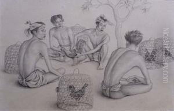 Four Young Balinese With Fighting Cocks - view 1