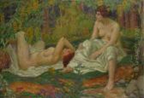 Bedeutender Prager Jugendstilmaler
Zwei Frauenakte In Waldlandschaft - view 1