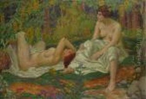 Bedeutender Prager Jugendstilmaler
 Zwei Frauenakte In Waldlandschaft by Karel Spillar