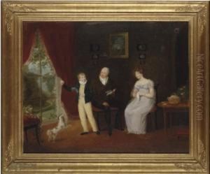 Group Portrait Of A Lady And Gentleman And Their Son, With A Spaniel, In An Interior