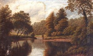 Wooded River Landscape With Fisherman by Thomas Spinks