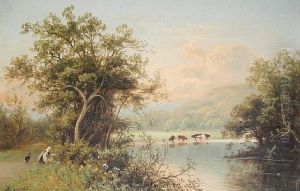 Cattle Watering At A Stream, A Pair