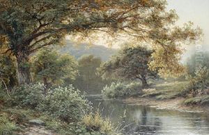 Sheep Grazing By A Riverbank; An Angler By Astream, A Pair