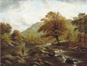 A Landscape With A Fisherman By A Stream by Thomas Spinks