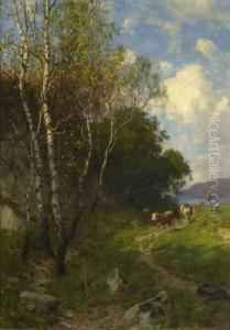 Hutejunge Mit Rindern In Baumlandschaft