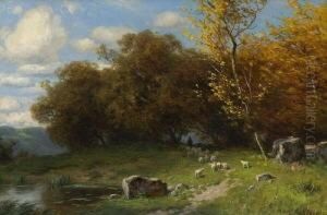 Schafer Mit Herde In
 Herbstlandschaft.