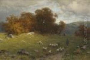 Hirte Mit Schafherde In
 Herbstlicher Landschaft.