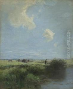 Sommerlandschaft Mit Viehherde Und Flusslauf