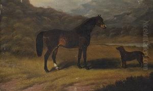 Connemara Pony And Water Spaniel In A River Landscape