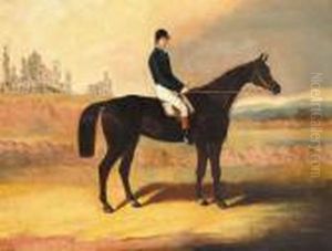 A Dark Bay Racehorse With Jockey
 Up And A View Of Abbey Ruins Beyond Signed Lower Left Oil On Canvas 71 
By 91cm., 28 By 36in. Possibly A View Of The Rock Of Cashel, Co. 
Tipperary