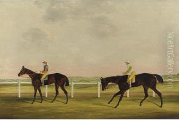 Colonel King's 'bessie Bedlam' 
Ridden By T. Lye And Mr. Golden's 'robin Hood' 
Ridden By J. Spragson Exercising On Lincoln 
Racecourse - view 1