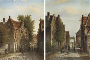 Dutch Street Scenes With Numerous Figures by Johannes Franciscus Spohler