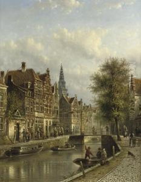 Townsfolk On A Quay In Amsterdam With The Oude Kerk Beyond - view 1