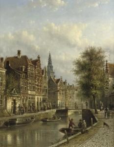 Townsfolk On A Quay In Amsterdam With The Oude Kerk Beyond