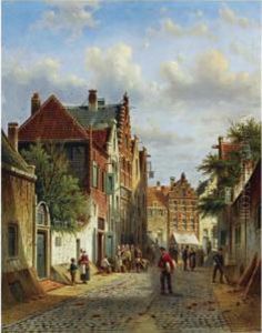 Figures In The Sunlit Streets Of A Dutch Town by Johannes Franciscus Spohler
