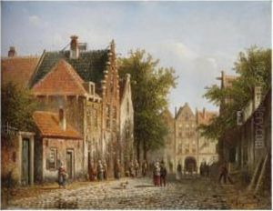 A Busy Dutch Street by Johannes Franciscus Spohler