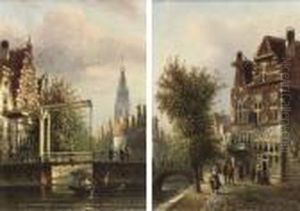 Rowing At A Bridge On A Dutch Canal; And Figures Before A Bridge On A Dutch Canal by Johannes Franciscus Spohler
