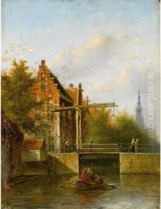 Figures On A Canal, Amsterdam by Johannes Franciscus Spohler