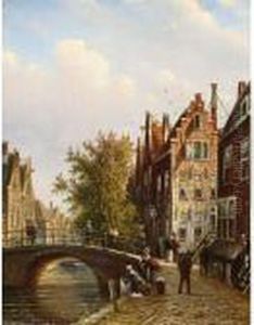 A Dutch Town With Figures On A Canal by Johannes Franciscus Spohler