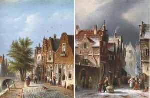 A Snow Covered Town; And Along A Canal In Summer by Johannes Franciscus Spohler