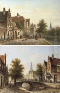 Townsfolk By A Canal In Summer; And Figures On A Bridge In A Dutch Town by Johannes Franciscus Spohler