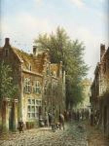 Town Scene With Figures On A Cobbled Street; Town Scene With Figures Beside A Canal by Johannes Franciscus Spohler