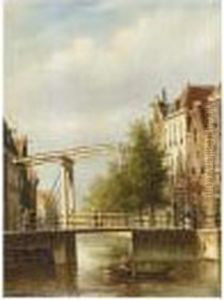 A Dutch Town With Figures Near A Drawbridge by Johannes Franciscus Spohler