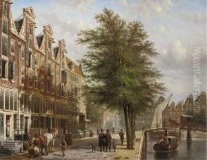 Daily Activities Along A Canal In A Dutch City, Amsterdam by Johannes Franciscus Spohler