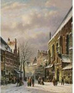 Villagers In The Streets Of A Wintry Town by Johannes Franciscus Spohler
