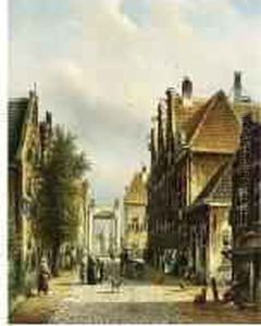 A Busy Street In A Dutch Town by Johannes Franciscus Spohler