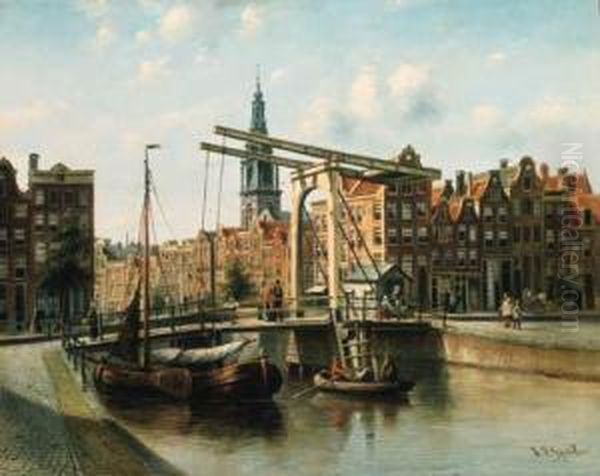 A Busy City Canal Scene - view 1