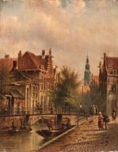 View Of A Canal In Amsterdam, With Figures On A Quay