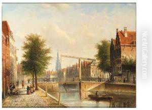 View Of A Town With Figures Strolling On A Quay by Johannes Franciscus Spohler