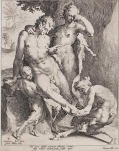 Satyr Removing A Thorn From A Fauns Foot (bartsch 71) by Bartholomaeus Spranger
