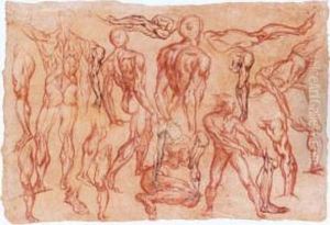 A Sheet Of Studies Of Male Nudes And Echorchee Figures