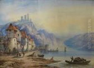Figures On Shore Of Continental Lake And Fortified Town by Edwin St John