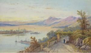 Figures Resting On A Track By A Lake; And A Fisherman In His Boat On A Lake Figures Resting On A Track By A Lake; And A Fisherman In His Boat On A Lake