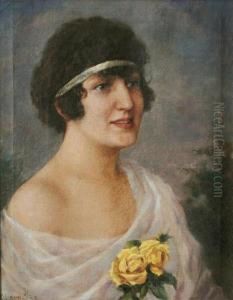 Portret Kobiety Z Zoltymi Rozami by Piotr Stachiewicz