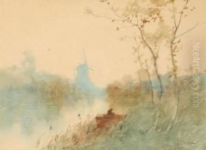 Fisherman At The Riverside With Windmill In The Distance by Henri Stacquet
