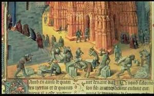 The Building of the Temple of Jerusalem detail showing masons at work