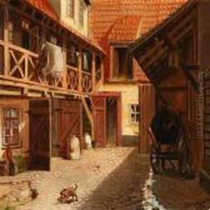 Yard With A Puppy Playing by Fritz Staehr-Olsen